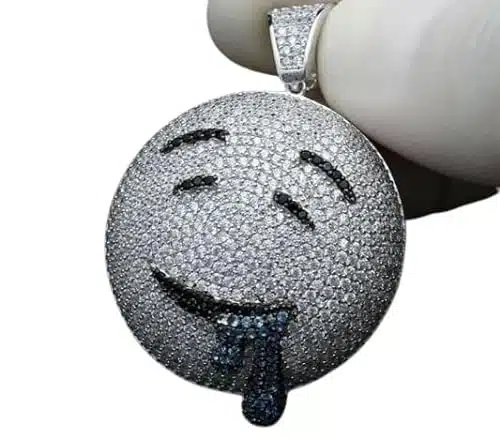 Sterling Silver Round Diamond Fully Iced Out Drooling Face Emoji Charm Pendant