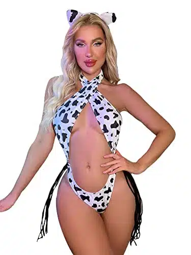 WDIRARA Women's Sexy Halter Backless Cow Print Fringe Teddy Lingerie Bodysuit Black and White S