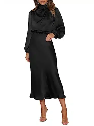Women's Long Sleeve Satin Ruched Bodycon Dress Mock Neck Cocktail Wedding Guest Midi Dresses Black M