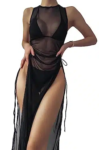 Women's Swimsuit Cover Up Mesh Maxi Dress Sheer High Split Bathing Suit Bikini Swimwear Cover Up Dress with Drawstring Black XL