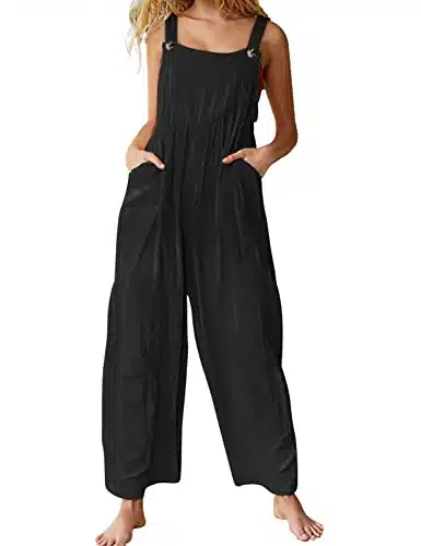 YESNO Women's Casual Jumpsuits Baggy Rompers Adjustable Straps Wide Leg Overalls with Pockets M PQBlack