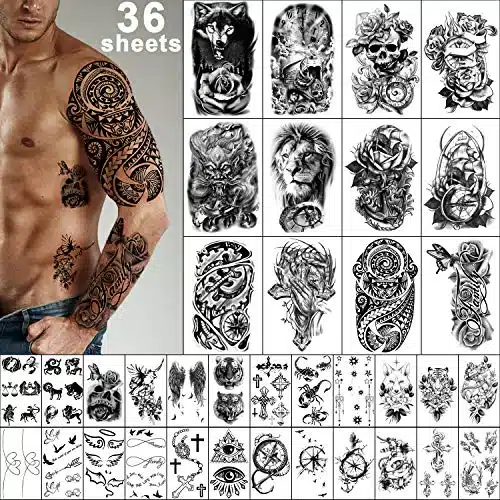 Yazhiji Sheets Temporary Tattoos Stickers, Sheets Fake Body Arm Chest Shoulder Tattoos for Men or Women with Sheets Tiny Black