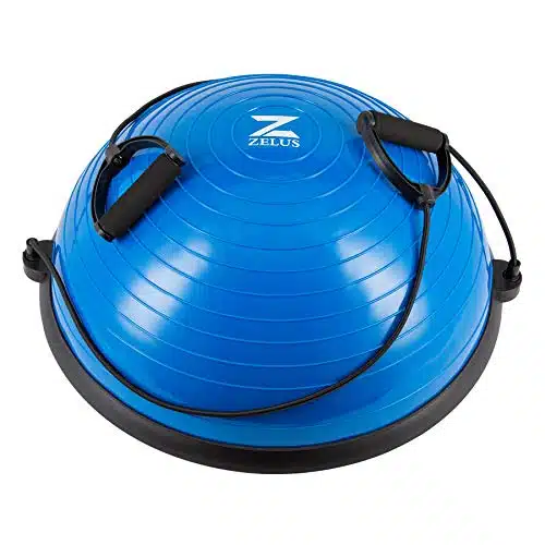ZELUS Balance Ball Trainer with Resistance Bands and Foot Pump, Inflatable Yoga Ball for Home Gym Workouts, Inch Exercise Half Ball for Balance Training Core Strength Fitness More, lb Cap