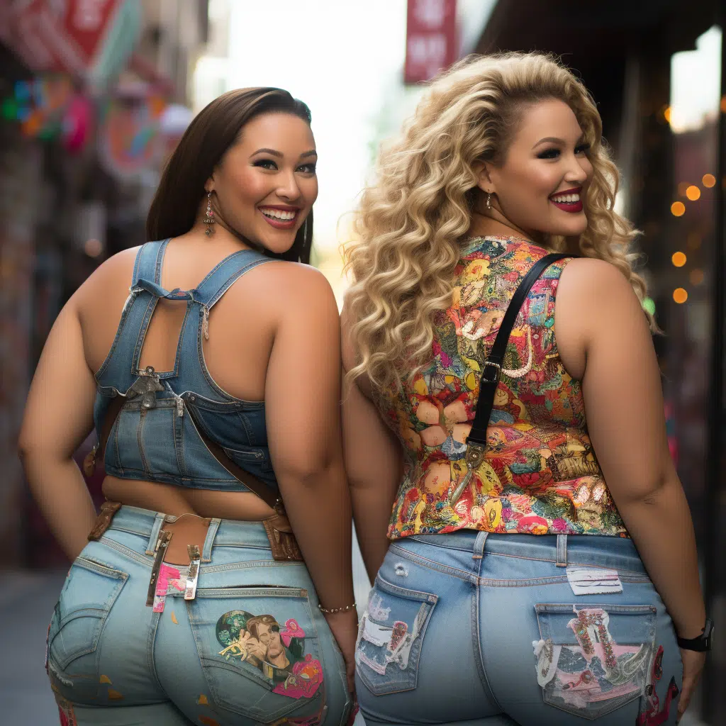 real barbie plus size models smile while showing off their back pockets