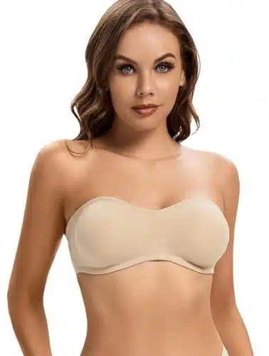 ANGOOL Strapless Bra for Women Comfort Non Slip Silicone Bandeau Bra Seamless Wirefree Padded Tube Top Bralette Beige