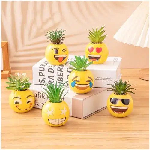 HEYO YEPY PCS Cute Emoji Artificial Plant Office Decor for Women and Men, Funny Desk Plant Decor for Office and Home, Potted Small Fake Plants for Indoor Decoration