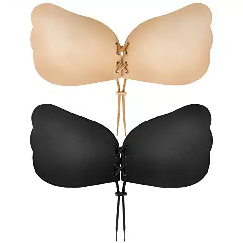 Sticky Bra, Backless Strapless Bra Push Up, Adhesive Invisible Lift Up Bras Pairs BlackBeige