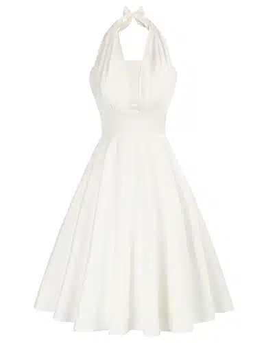 White Halter Dress for Women Summer Vintage Pinup Bridesmaid Dresses, XL
