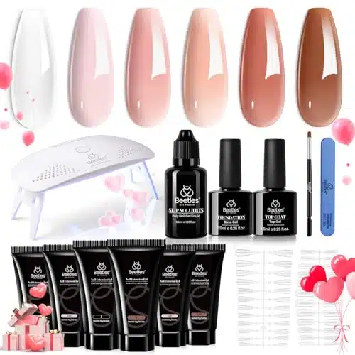Beetles Poly Nail Gel Kit with Uv Light Starter Kit Colors Clear Nude Pink Neutral Spring Colors All In One Kit Poly Nail Extension Gel Set Builder Hybrid Jelly Gel with Base 