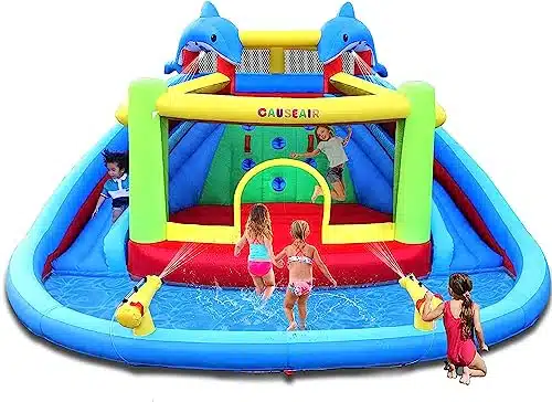 Causeair Inflatable Water Slide with Build in Bounce House,Splashing Pool,Double Water Cannon,Climbing Wall,Heavy Duty GFCI Blower,Water Park for Kids Backyard Summer
