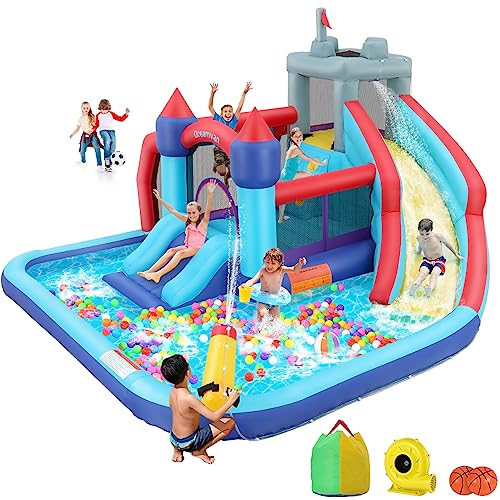 Inflatable Water Slide Park, in Bounce House Waterslide Combo Backyard Waterpark with Double Slides, Water Sprayer, Splash Pool, Climbing Wall for Kids Outdoor Party Fun Summe