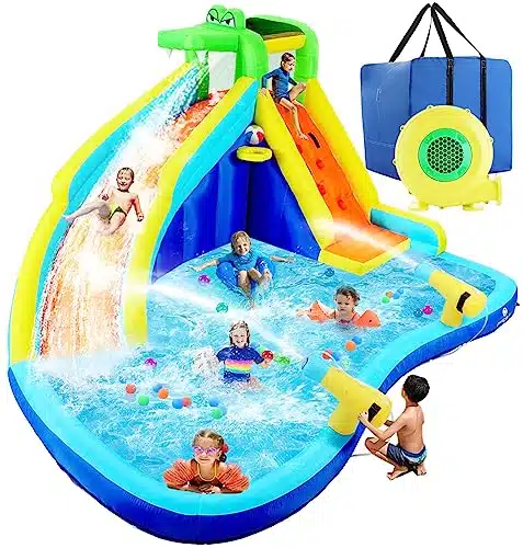 Inflatable Water Slides for Kids in Bounce House Water Park with  Blower Climbing Wall, Splash Pool, ater Cannons, Basketball Hoop, Water Slide, Crocodile Sprinkler for Gift B