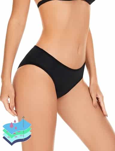 OVRUNS Period Swimwear Leakproof Bikini Brief Bottoms Waterproof Menstrual Swim Bottoms for Teens, Girls, Women Black II L