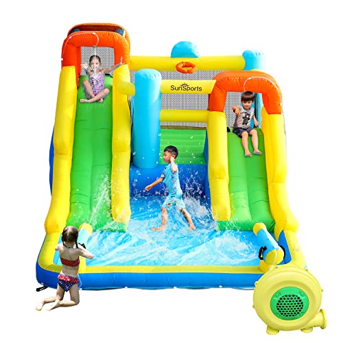 SunSports Inflatable Water Slide,Bouncy Castle for Kids Outdoor,in Dual Waterslide Bounce House with Water Cannon,Inflatable Water Park with Jump House,Water Slides for Kids B